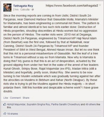 Facebook Post by State BJP Leader Tathagata Roy.