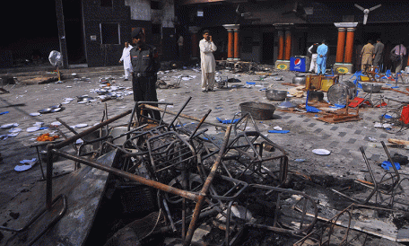 Available pic showing the desecration of Shri Param Hans Ki Mehaj, (Karak Dist, Khyber-Pakhtunkhwa Province, Pakistan). Devotees and a Police are seen in Pic. 