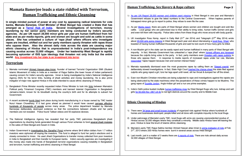 Pamphlet with summary of charges against Mamata Banerjee