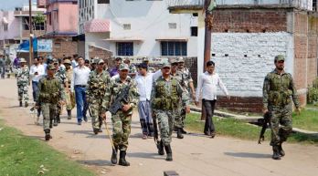 Police patrolling the area after prohibitory orders have been issued in Ranchi due to communal situation after beef throwing in a Hindu Temple.. 