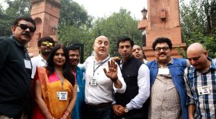 Film star Anupam Kher with Madhur Bhandker and others after meet Rastrapati Pranab mukherjee at RP Bhawan in new Delhi on Saturday. (Source: Express photo by Prem Nath Pandey)
