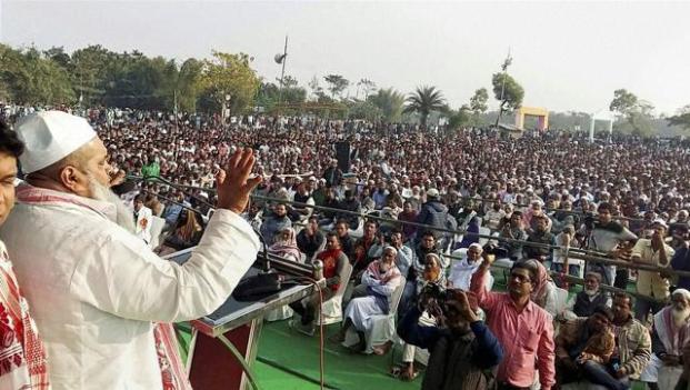 All India United Democratic Front (AIUDF) chief Maulana Badruddin Ajmal addresses a rally at Rangia, Assam. Pic Courtesy: PTI.