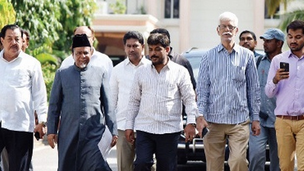 Delegation of AIMIM coming out from the DGP office after discussing harassment of livestock traders by State police, in Hyderabad on Thursday | Express photo.
