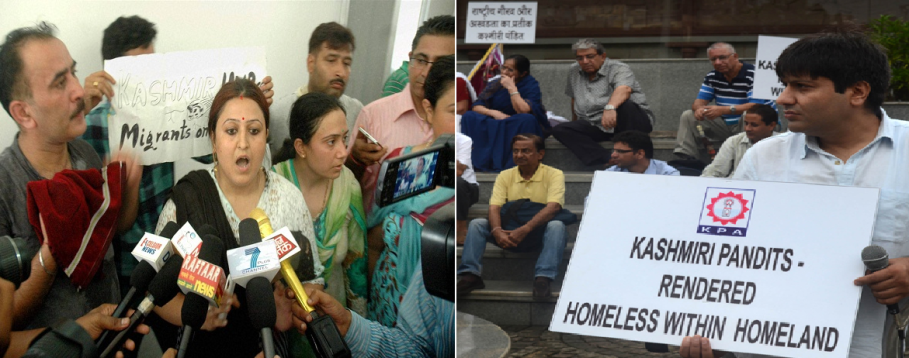 Kashmiri Pandits holding a protest against the clashes at different places in the Valley, in Jammu on Thursday. File Photo: PTI