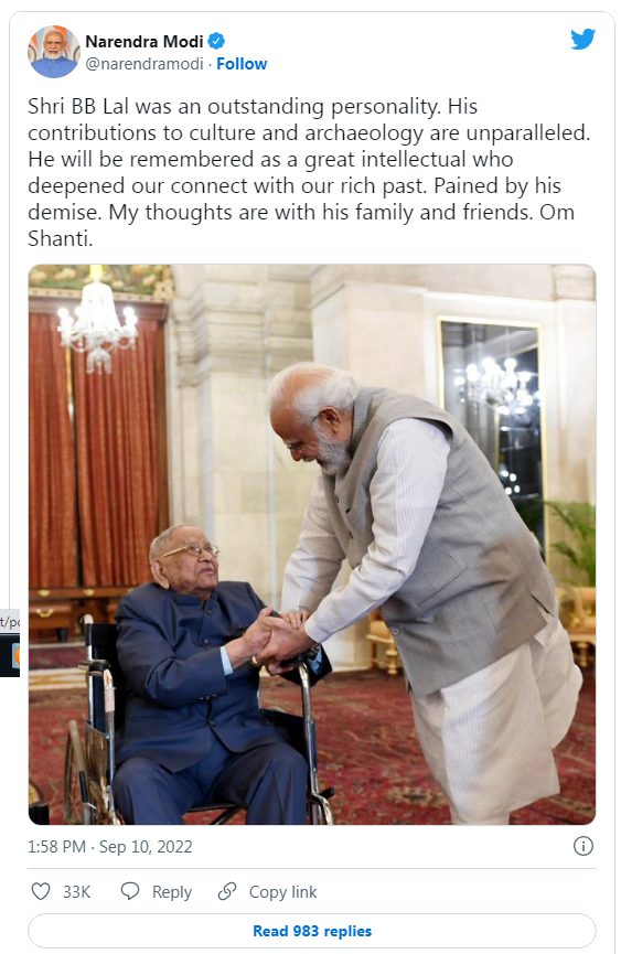 PM Tweets on BB Lal's death