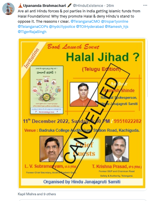 Upa tweets for anti Halal book launch in Hyd