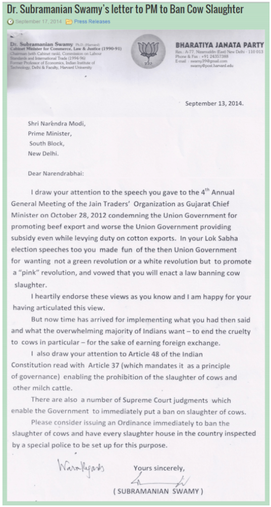 Ban on Cow Slaughter- Swamy wrote Modi